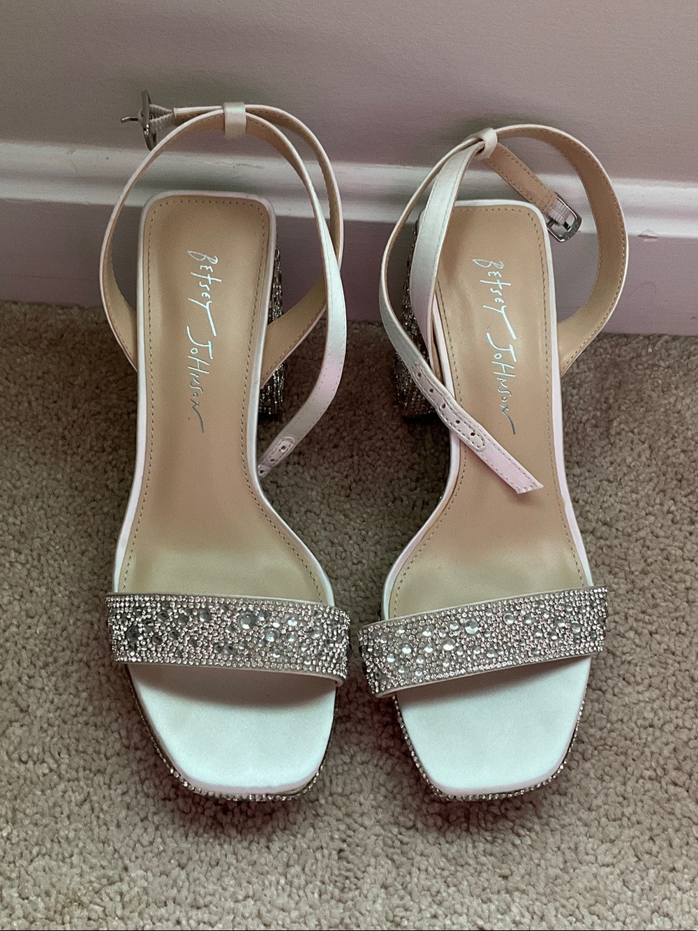 Betsey Johnson Ivory Crystal Block Heel Sandals